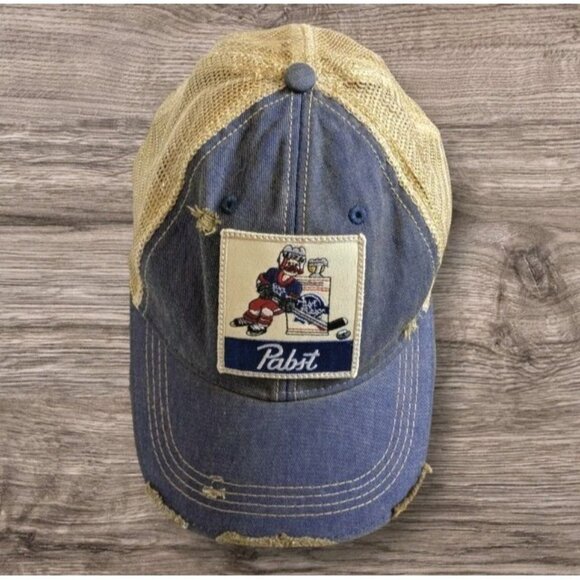 PBR Snapback Hat Distressed Denim Hockey Trucker Pabst Blue Ribbon Beer Retro - Picture 1 of 16